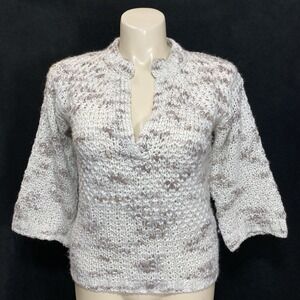 HEKLA CO Sweater MED Ivory Beige Gray Chunky Knit Tunic V Neck 3/4 Sl Soft Italy